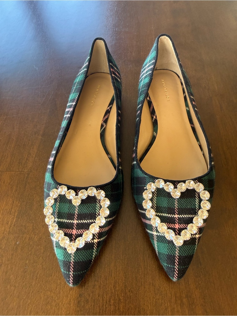Ann Taylor Green Plaid Pointed Toe Flats with Crystal Heart